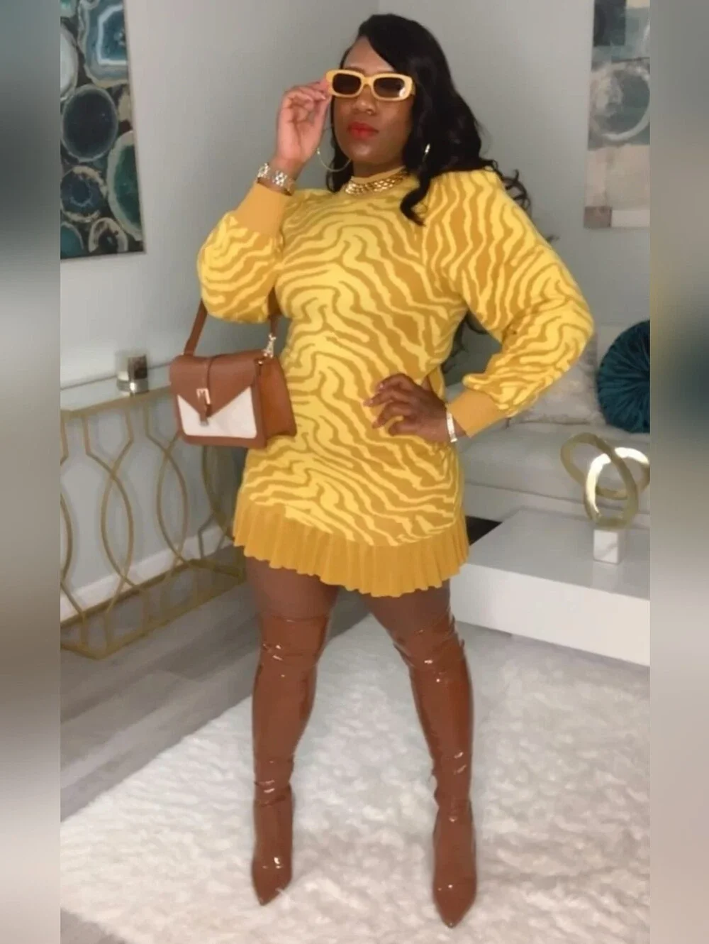 SHEIN Yellow Zebra-Print Pleated Hem Knit Mini Dress - Size Small - Picture 1 of 6